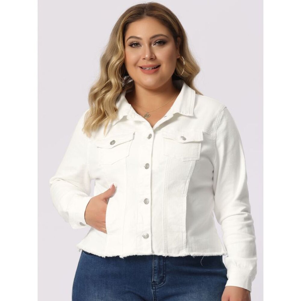 Women's Plus Size Classic Washed Front Frayed Denim Jacket White - Picture 2 of 5